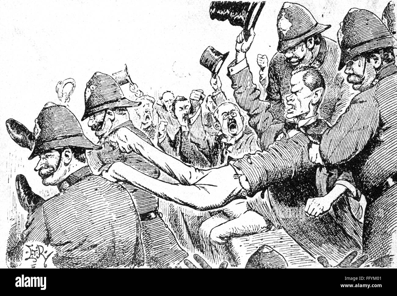 politics, caricature, Great Britain, an Irish representative is removed from the British parliament, 'Quite like at Home', wood engraving, 'Punch', London, 1901, Additional-Rights-Clearences-Not Available Stock Photo