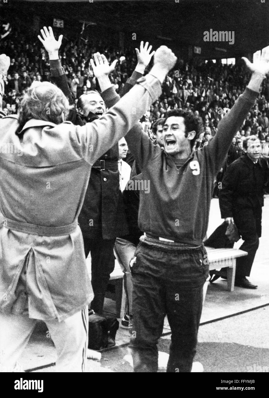 sports,football,game,Germany,DFB-Pokal,1970 / 1971,final,game FC Bayern Muenchen versus 1. FC Koeln(2:1),jubilant player Herwart Koeppenhofer after the victory of Bayern,Neckar stadium,Stuttgart,19.6.1971,cup winner,cup winners,jubilation,cheers,jubilant,cheer,cheering,joy,happiness,happy,winner,winners,DFB cup,athlete,athletes,football player,football players,footballer,footballers,kicker,substitutes' bench,substitutes' benches,on the bench,bench,benches,West Germany,Western Germany,Germany,1970s,70s,20th century,peo,Additional-Rights-Clearences-Not Available Stock Photo