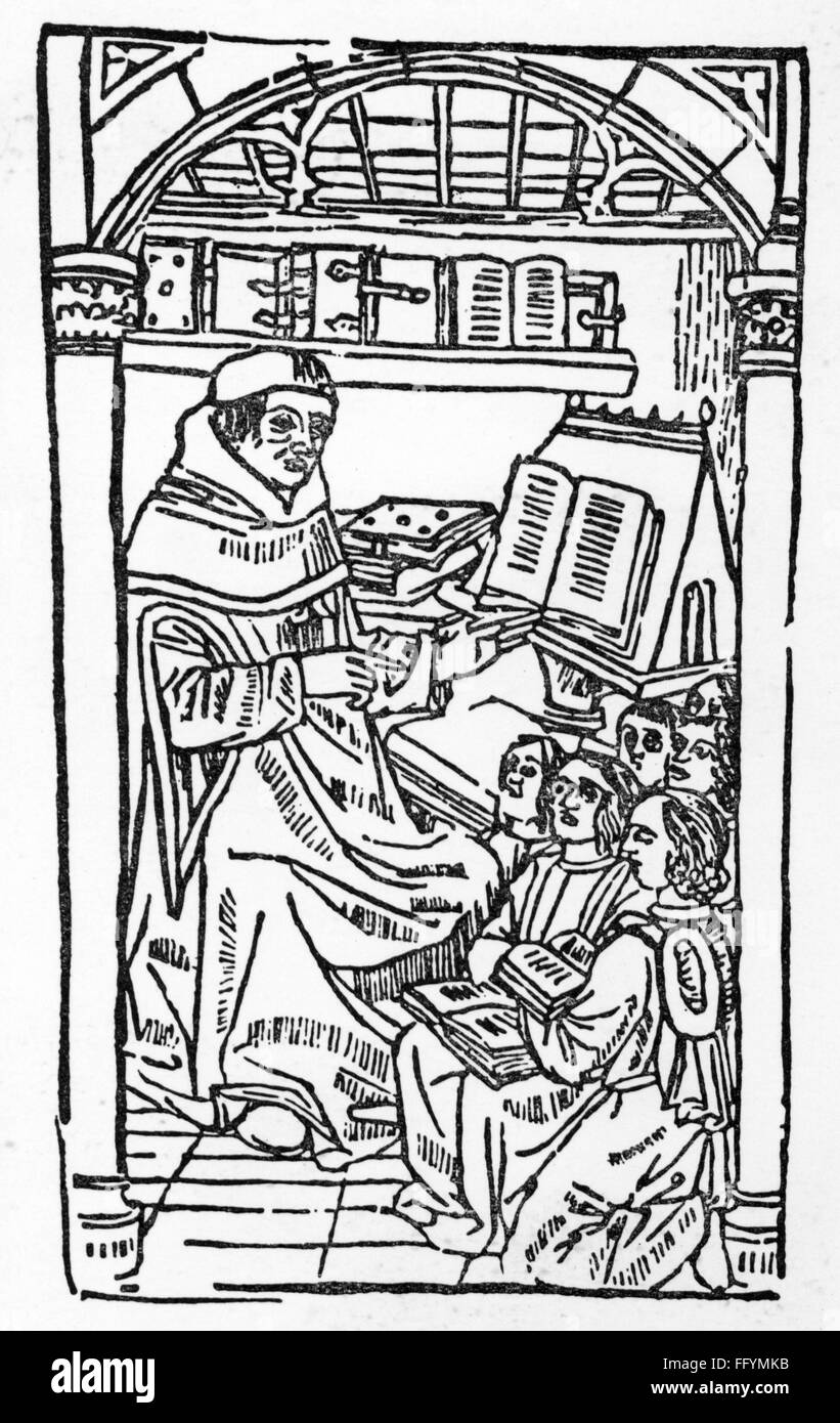 pedagogy, school / lessons / discipline, teacher with pupils, woodcut, out of: Fausto Andrelini (circa 1462 - 1518), 'Elegiae', print: Guy Marchand, Paris, 1496, Additional-Rights-Clearences-Not Available Stock Photo