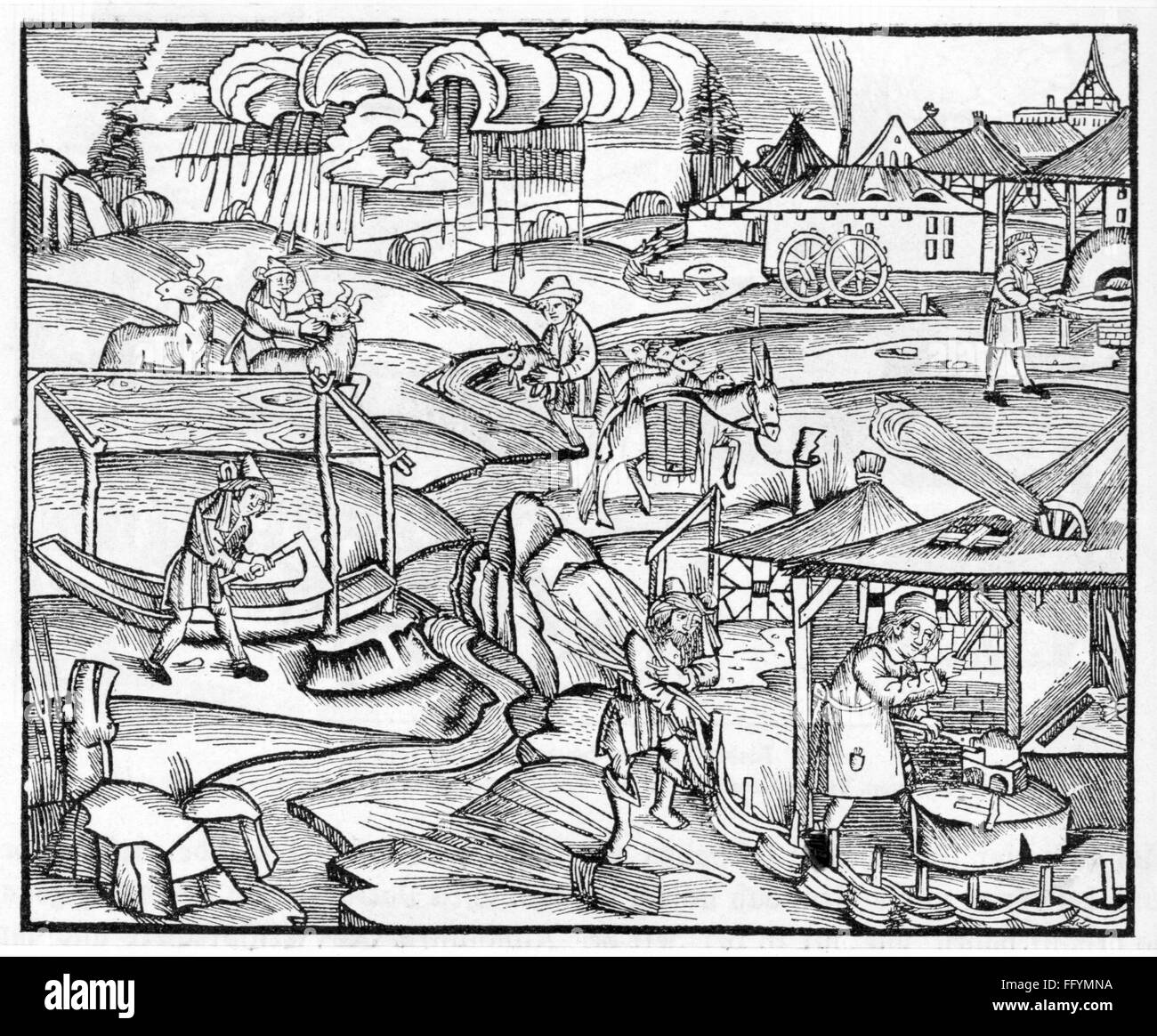 agriculture, people at work, different occupations, woodcut, from: Publius Vergilius Maro (70 - 19 BC), 'Opera', editor: Sebastian Brant, print: Hans Grüninger, Strasbourg, 1502, Additional-Rights-Clearences-Not Available Stock Photo