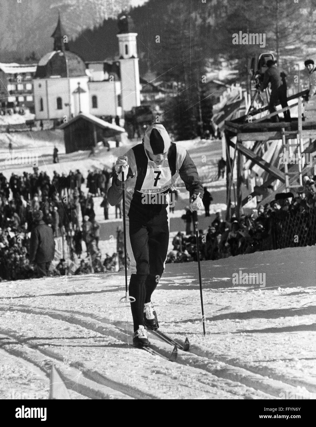BILL KOCH (1955- ). /nAmerican cross-country skier. Crossing the finish line to win the silver medal in the men's 30 kilomter cross-country race at the Winter Olympic Games in Seefeld, near Innsbruck, Austria, 5 February 1976. Stock Photo