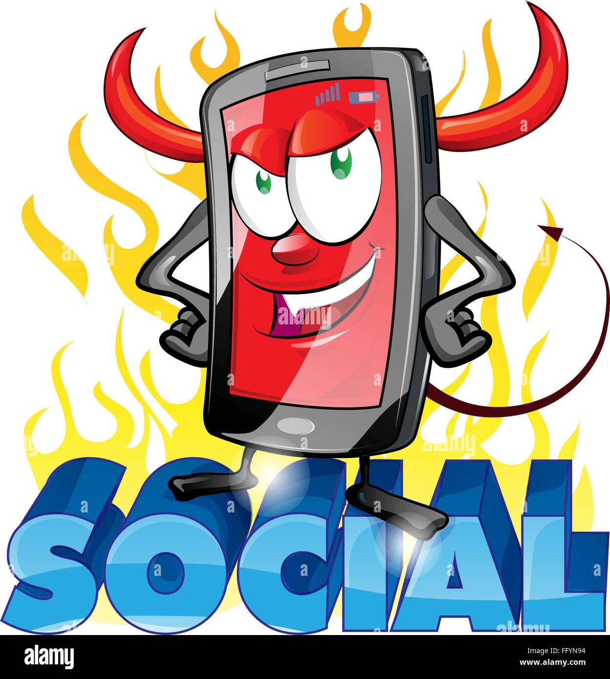 evil fun mobile cartoon on flame background Stock Vector