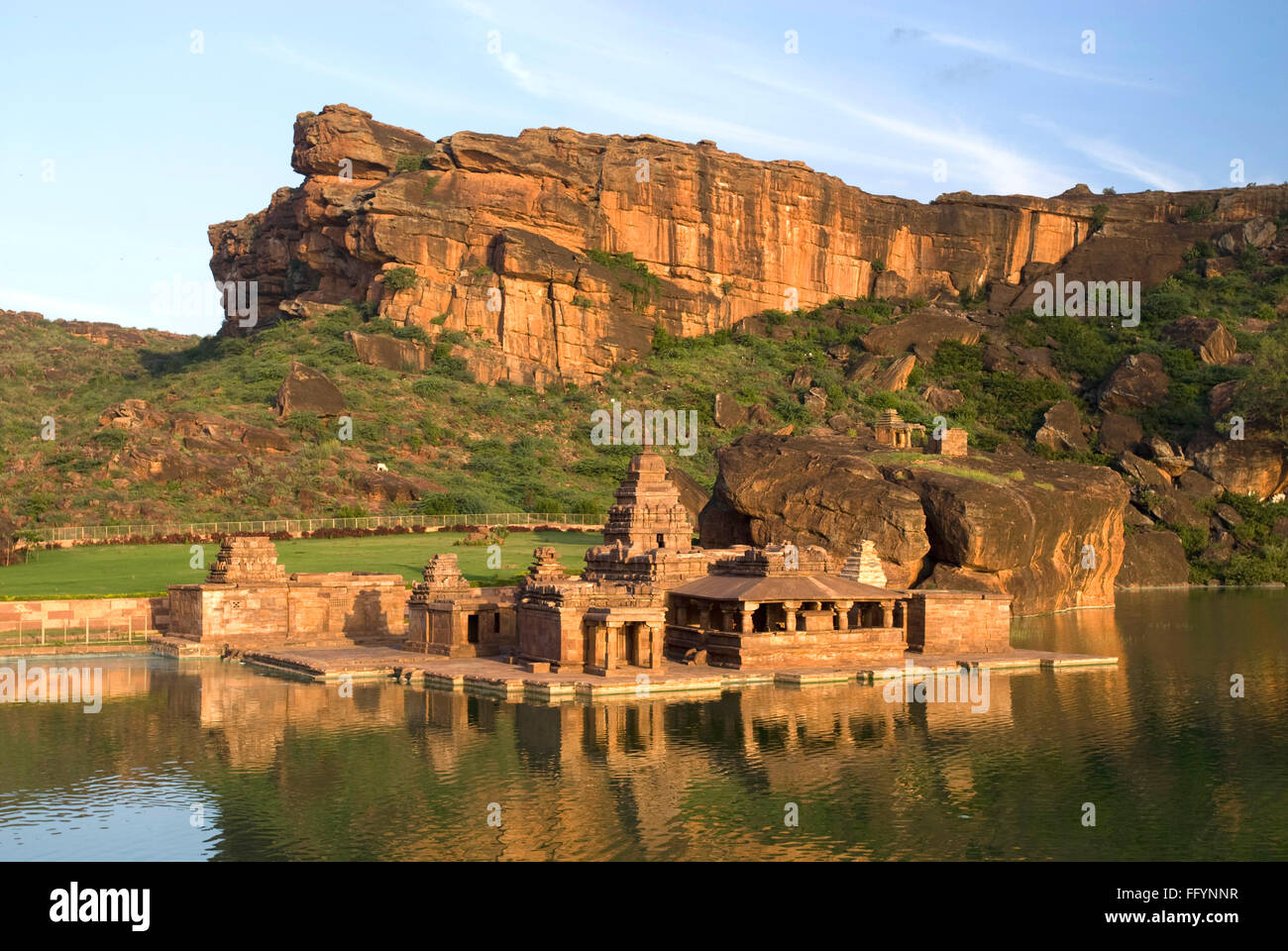 Bhutanatha temples near eastern bank of ancient Agasthya tirtha tank in Badami , Karnataka , India Stock Photo