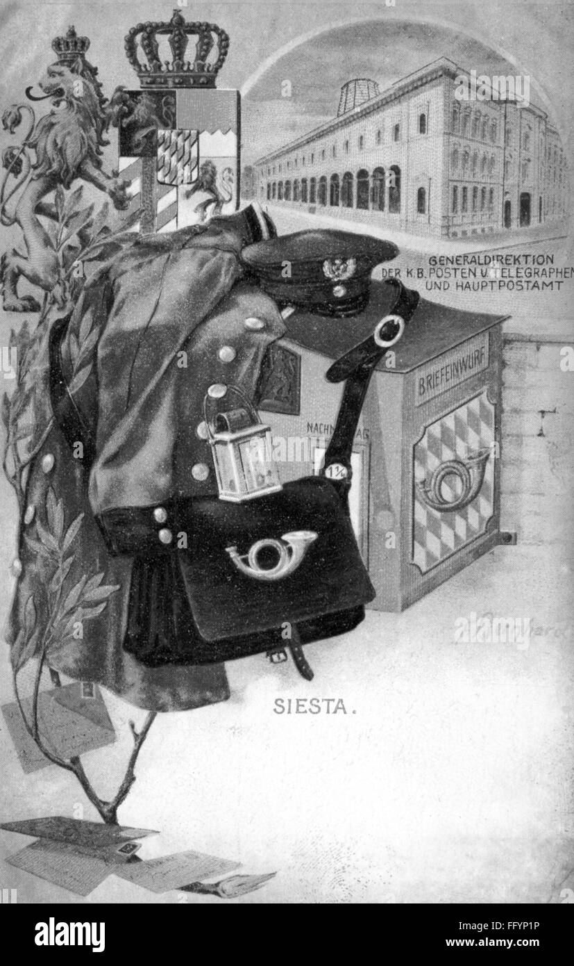 mail / post, postmen, 'Siesta', uniform and bag hanging on post box, coloured picture postcard by the association of the Bavarian post and telegraph personnel, design: F.Bernhard, print: Ottmar Zieher, circa 1900, Additional-Rights-Clearences-Not Available Stock Photo