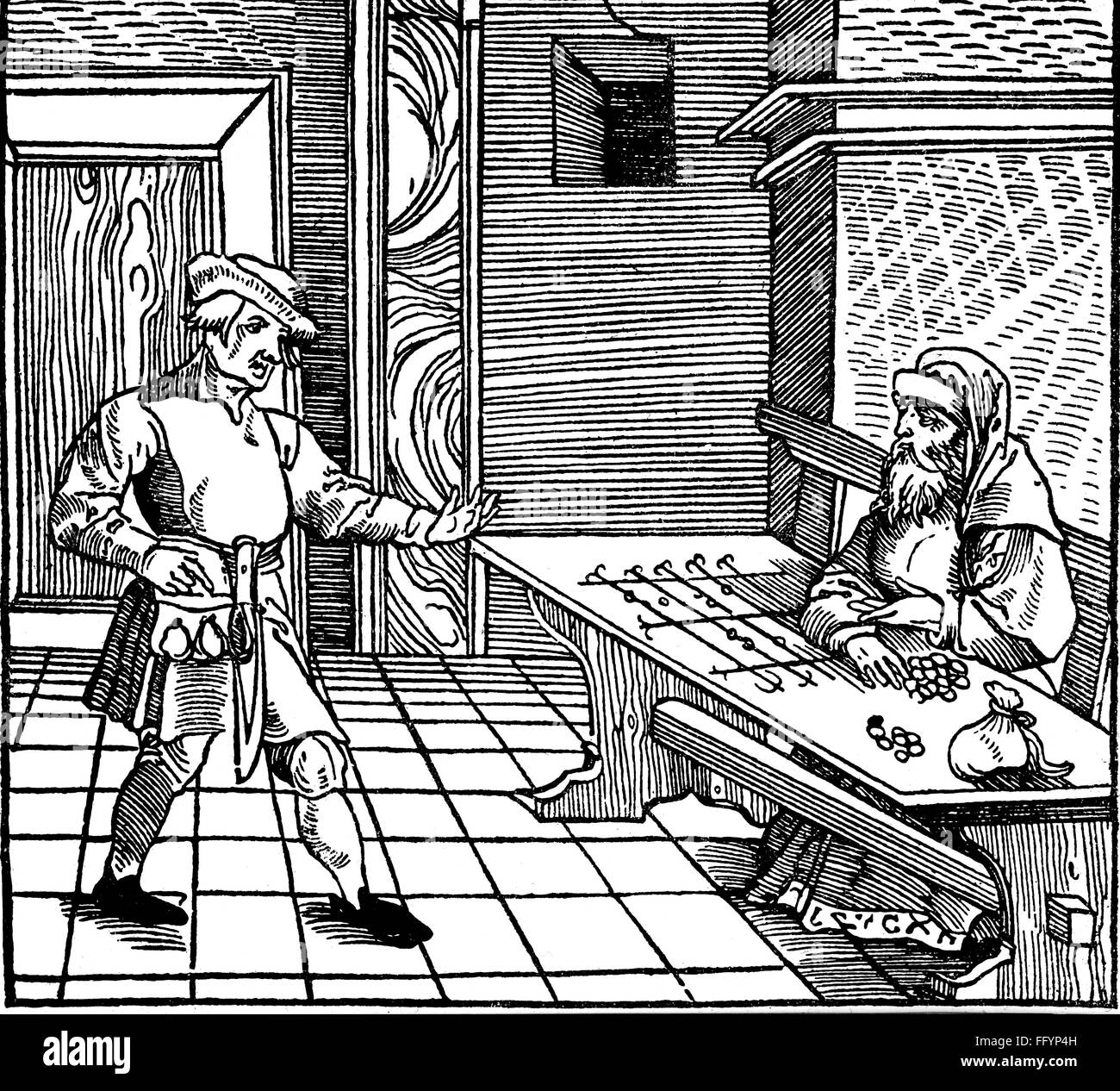 money / finance, banking / lending, peasant at the Jewish moneylender, woodcut, out of: , Cicero, 'De Officiis', 1531, Additional-Rights-Clearences-Not Available Stock Photo