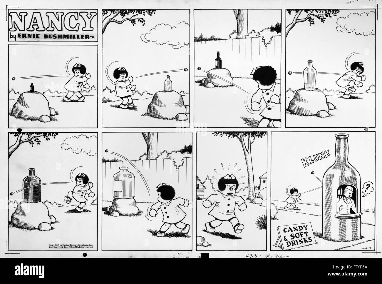 COMIC STRIP: NANCY, 1941. /nComic strip showing the character, Nancy, trying to hit a bottle with a rock, by Ernie Bushmiller, 9 March 1941. Stock Photo
