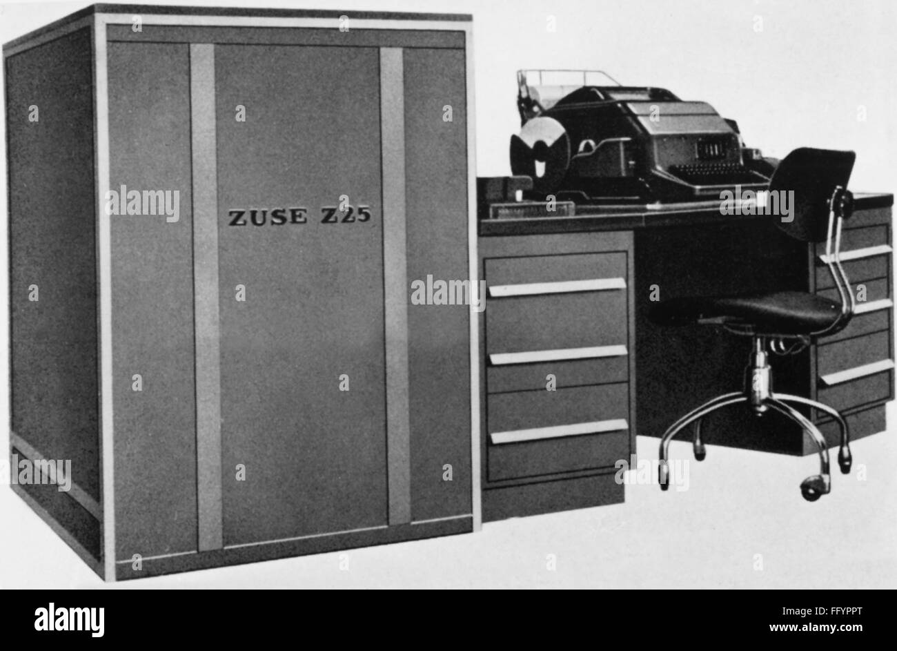 technics,computer,microcomputer Z25,extensible in modular system,1963,20th century,1960s,Germany,Konrad Zuse,data processing unit,EDP,IT,writing table,writing tables,desk,desks,office chair,office chairs,chair,chairs,teletypewriter,teletypewriters,typewriter,typewriters,calculating machine,calculator,calculating machines,calculators,electronic data processing,information technology,Chief Information Officer,technics,technology,technologies,60s,microcomputer,small computer,microcomputers,small computers,small business compu,Additional-Rights-Clearences-Not Available Stock Photo