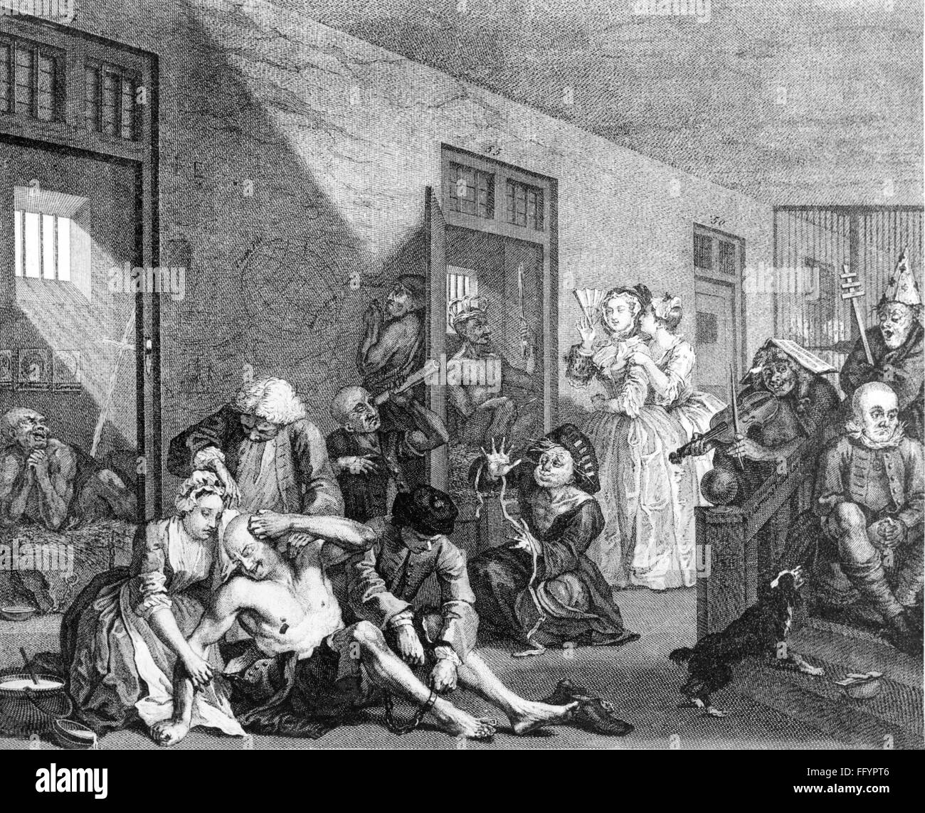medicine, psychiatry / mental diseases, 'In the Madhouse', copper engraving by William Hogarth (1697 - 1764), from the series 'A Rake's Progress', sheet 8, 1735, Artist's Copyright has not to be cleared Stock Photo