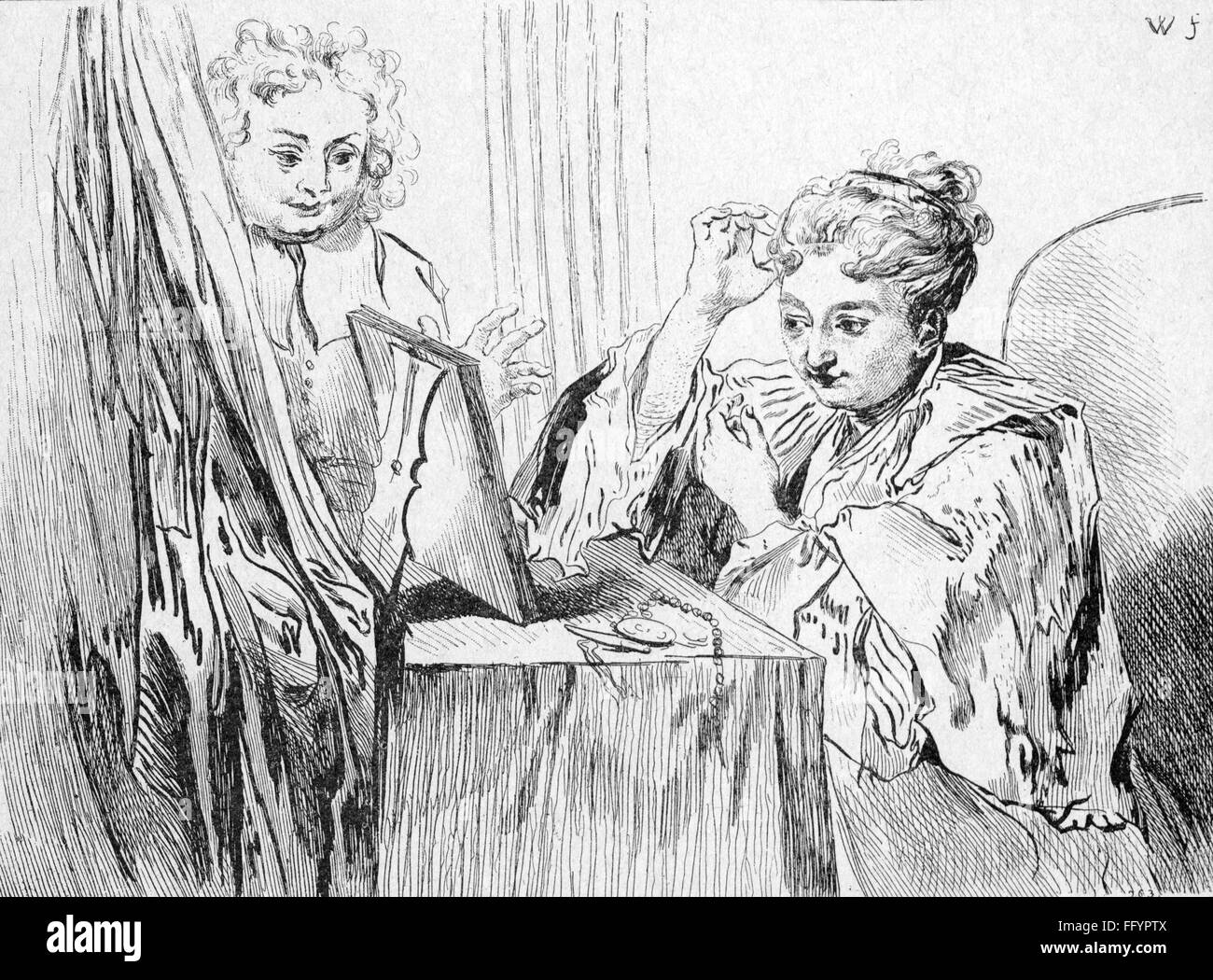 cosmetics, woman at make-up table, adjusting her hair, drawing by Antoine Watteau (1684 - 1721), 18th century, 18th century, graphic, graphics, half length, sitting, sit, make-up table, dressing table, make-up tables, dressing tables, mirror, mirrors, hair, hair style, hairstyle, hairdo, haircut, hair styles, hairstyles, haircuts, curls, hair care, beauty care, cape, capes, studies, study, cosmetics, cosmetic, historic, historical, woman, women, female, Additional-Rights-Clearences-Not Available Stock Photo