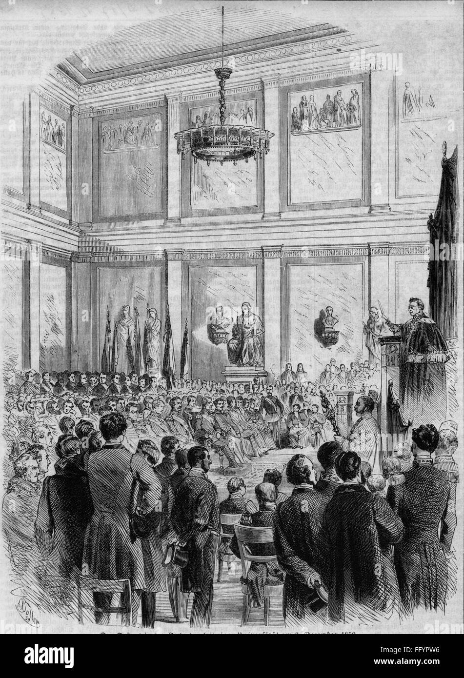 pedagogy,university,ceremonial act in the auditorium celebrating 450th anniversary of the Leipzig university,address by king Johann of Saxony,2.12.1859,wood engraving by Albert Toller(1825 - 1898),1859,19th century,graphic,graphics,Germany,Saxony,anniversary,anniversaries,ceremonial act,ceremonial acts,hall,halls,speaker's desk,speaker's desks,speech,speeches,speak,speaking,listener,listeners,hearer,hearers,audience,audiences,jubilation,celebrations,celebration,festival,festivals,pedagogy,paedagogy,education,auditorium,au,Additional-Rights-Clearences-Not Available Stock Photo