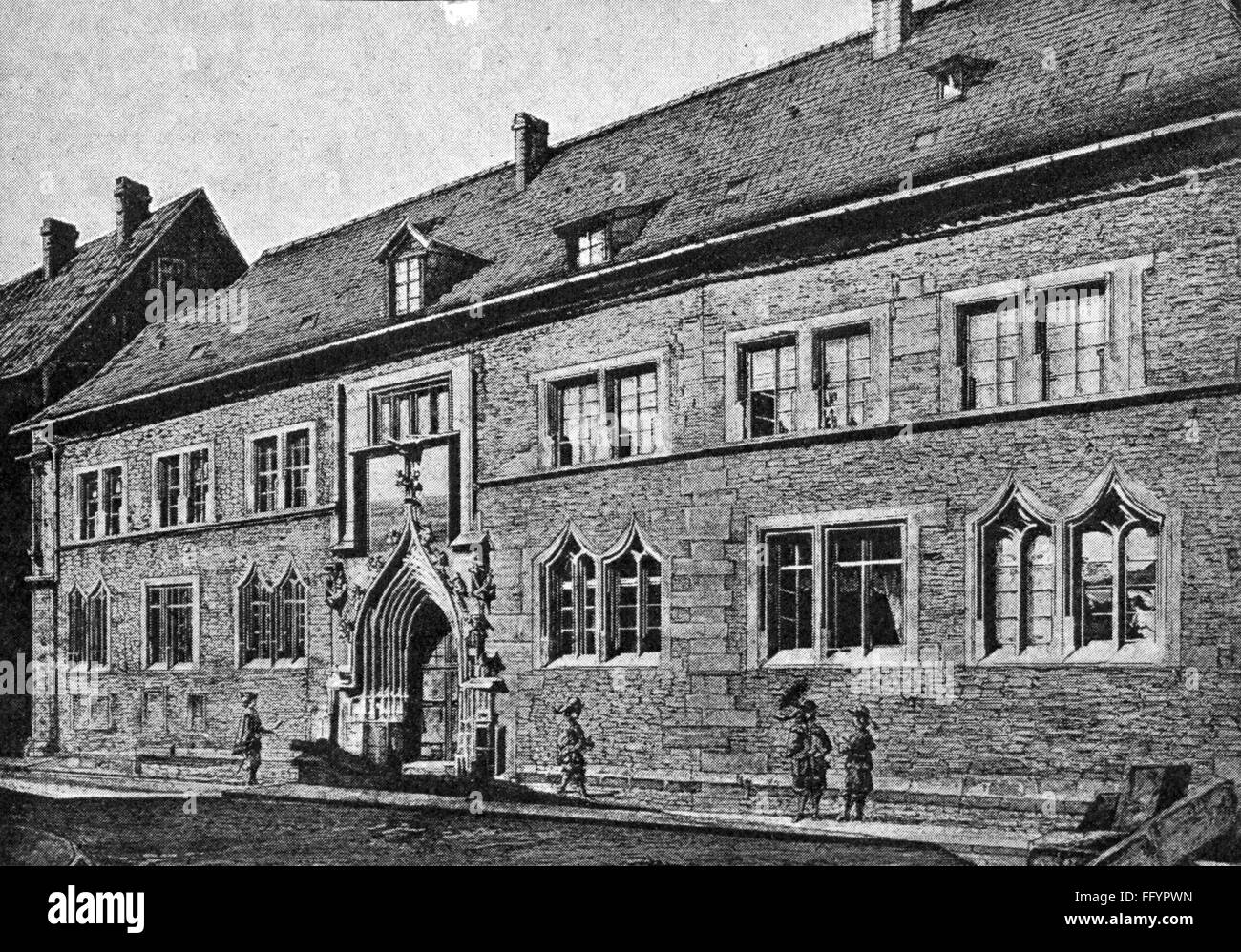 geography / travel, Germany, Erfurt, buildings, university, exterior view, western view of the Collegium Maius, engraving, graphic, graphics, Thuringia, main building, entrance, entranceway, portal, portals, Gothic style, Gothic period, Gothic, pedagogy, paedagogy, education, architecture, Central Germany, Germany, Central Europe, Europe, building, buildings, university, universities, historic, historical, people, Additional-Rights-Clearences-Not Available Stock Photo