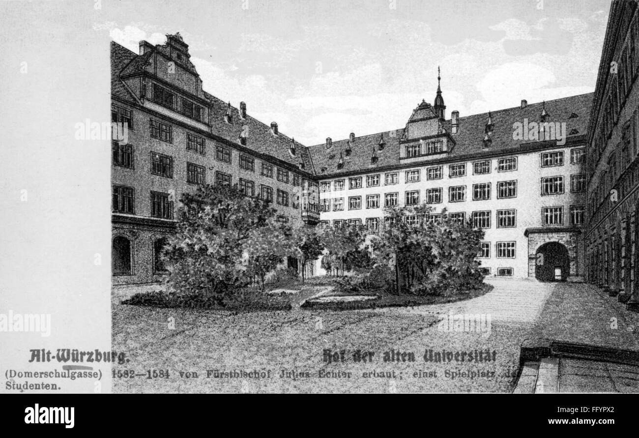 geography / travel, Germany, Würzburg, building, university, exterior view, courtyard of the old university, 16th century, drawing, 16th century, graphic, graphics, Franconia, pedagogy, paedagogy, education, inner courtyard, inner courtyards, tree, trees, architecture, Northern Bavaria, Bavaria, Southern Germany, the South of Germany, Germany, Central Europe, Europe, building, buildings, court, courtyards, courts, in the courtyard, university, universities, historic, historical, Wuerzburg, Würzburg, Wurzburg, people, Additional-Rights-Clearences-Not Available Stock Photo