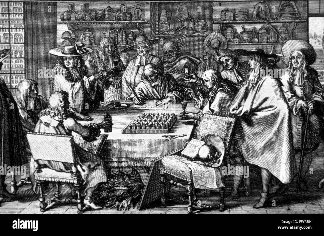 HERBAL MEDICINE, 1676. /nMen examining medicines made from the plants of the Jardin du Roi (now