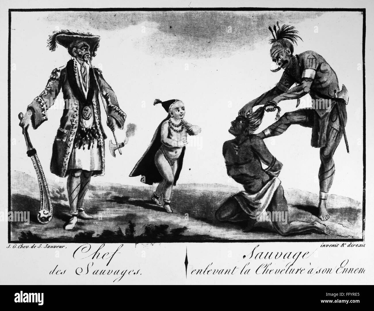 IROQUOIS CHIEF AND WARRIOR. /nA chief in European dress, a child, and a warrior scalping an enemy. Aquatint, c1787, by Jacques Grasset de Saint-Sauveur. Stock Photo
