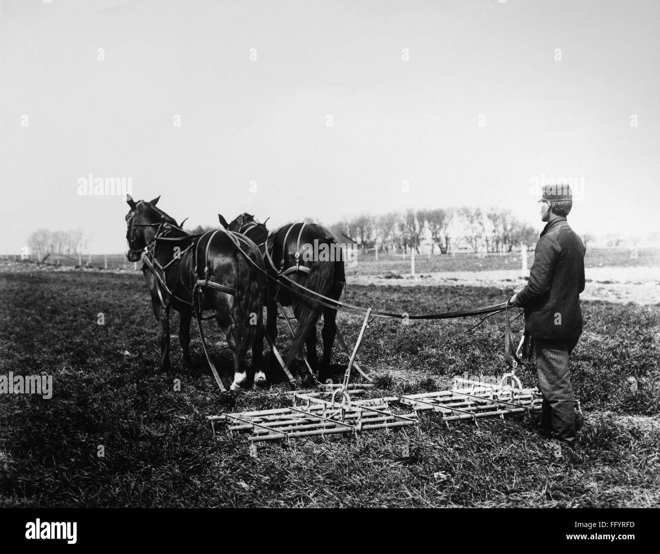 NEBRASKA HARROWING. /nA farmer breaking up soil with a horsedrawn