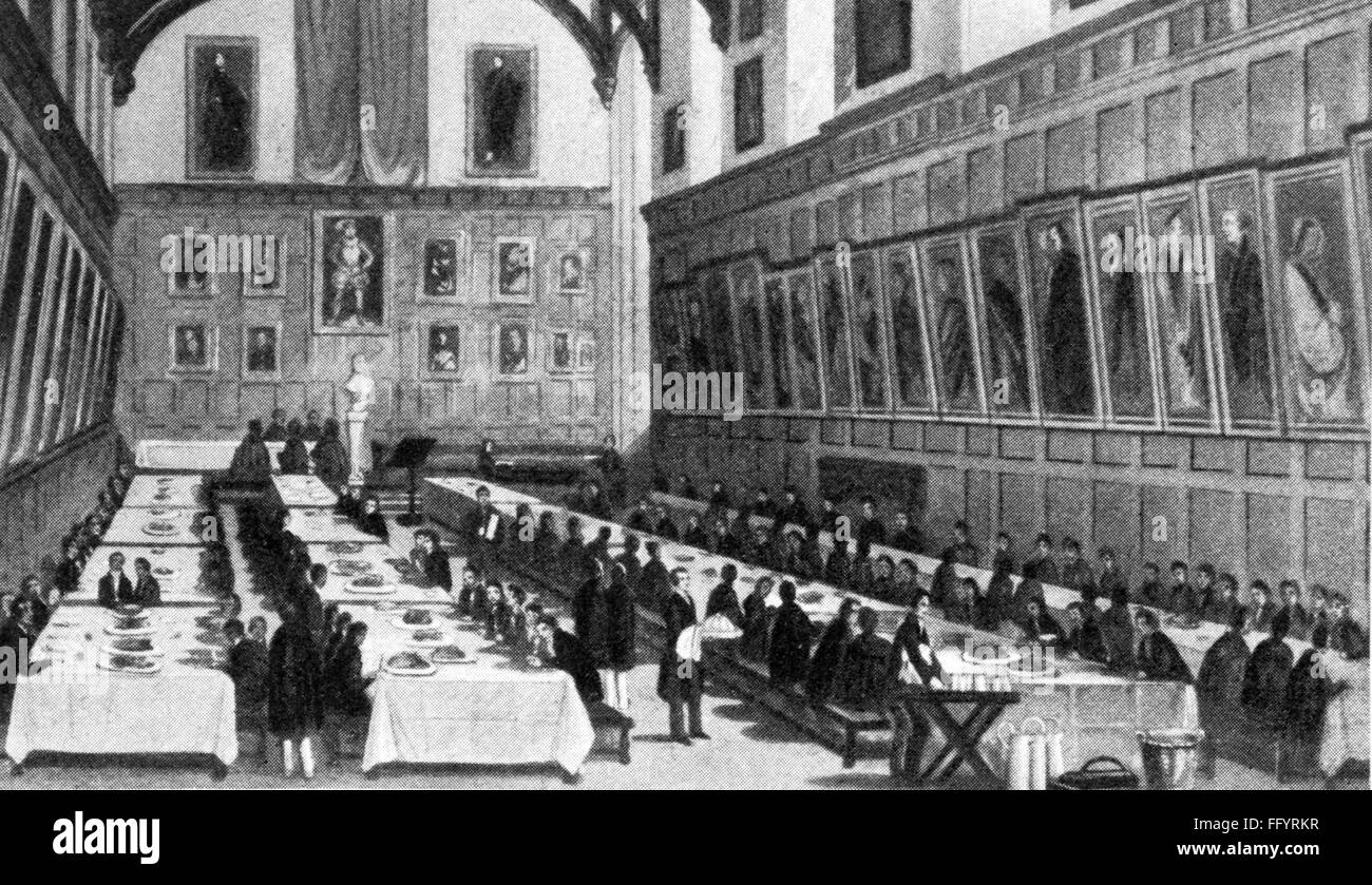 pedagogy, university, dining hall, Christ Church College, Oxford, drawing by R.W.Buss (1804 - 1875), 19th century, 19th century, graphic, graphics, Great Britain, refectory, canteen, commons, refectories, canteens, catering, food, tables, table, sitting, sit, serve, serving, gastronomy, pedagogy, paedagogy, education, university, universities, dining hall, dining room, dining facility, dining halls, dining rooms, dining facilities, historic, historical, people, Additional-Rights-Clearences-Not Available Stock Photo