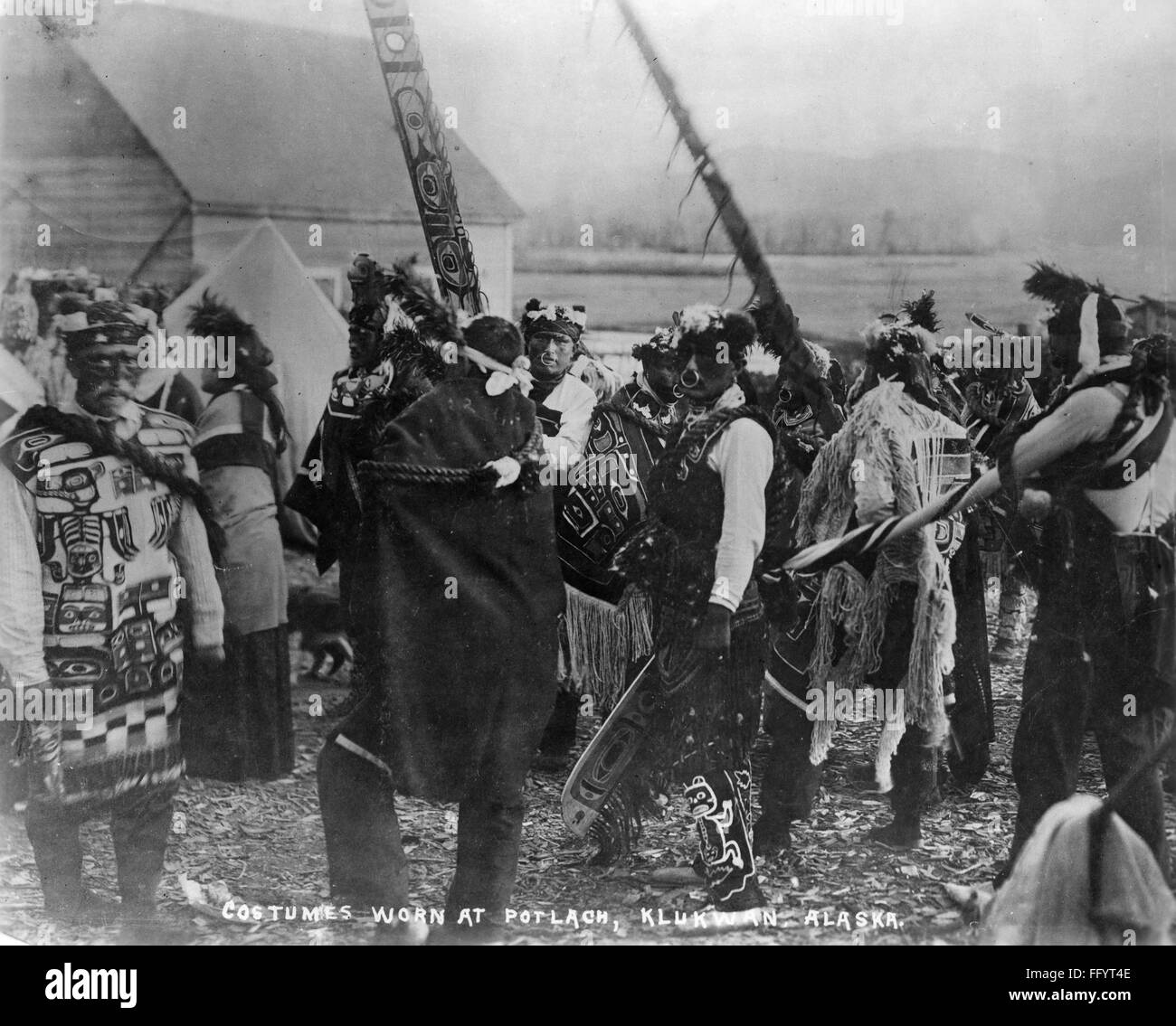 ALASKA POTLATCH DANCERS. /nTlingit dancers in costume at a potlatch