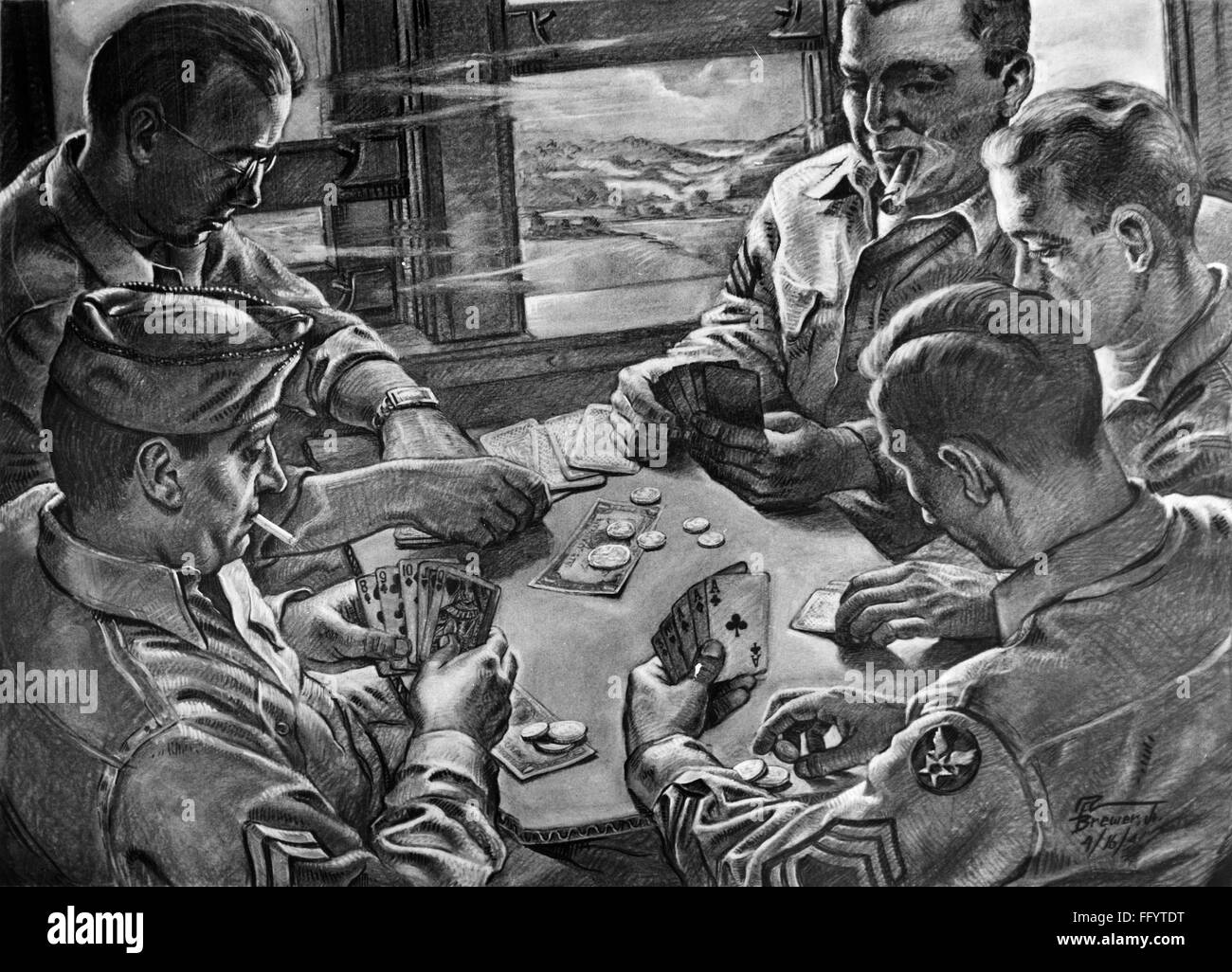 WORLD WAR II CARD GAME. /n'En Route.' American soldiers playing a game