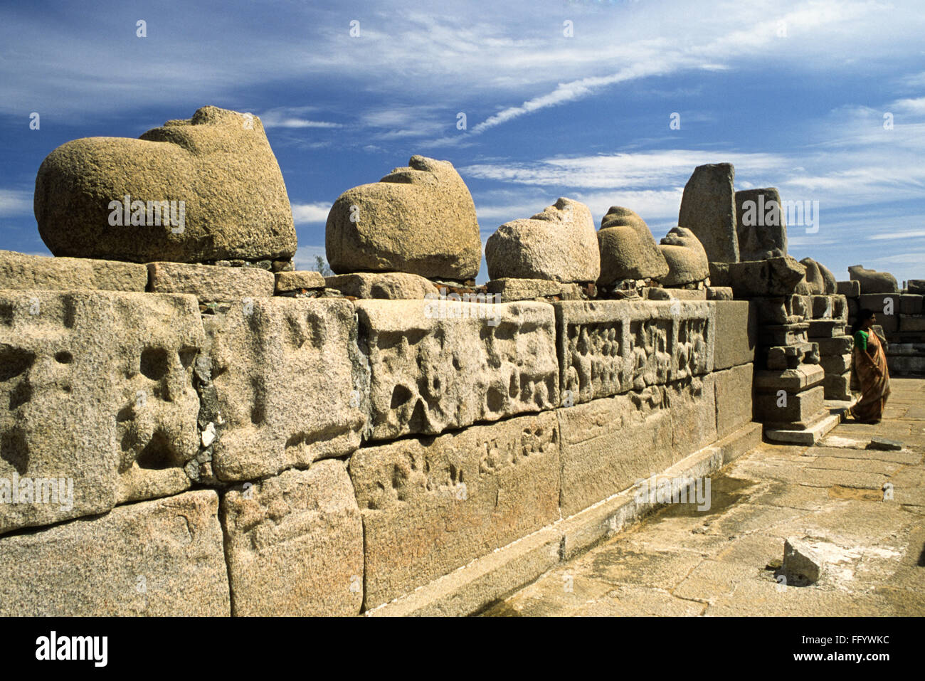 Nandi statues on wall of shore temple ; Mahabalipuram Mamallapuram ; Tamil Nadu ; India Stock Photo