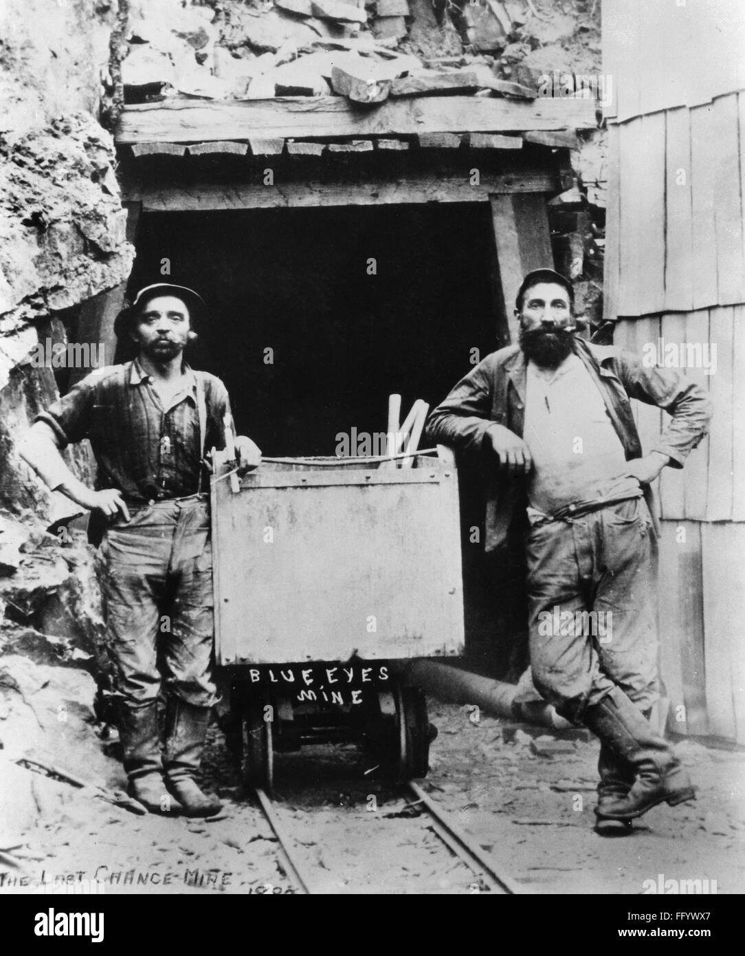 LAST CHANCE MINE, 1882. /nTwo miners wearing Levi Strauss blue jeans at the  entrance of the Last Chance Mine in California. Photograph, 1882 Stock  Photo - Alamy