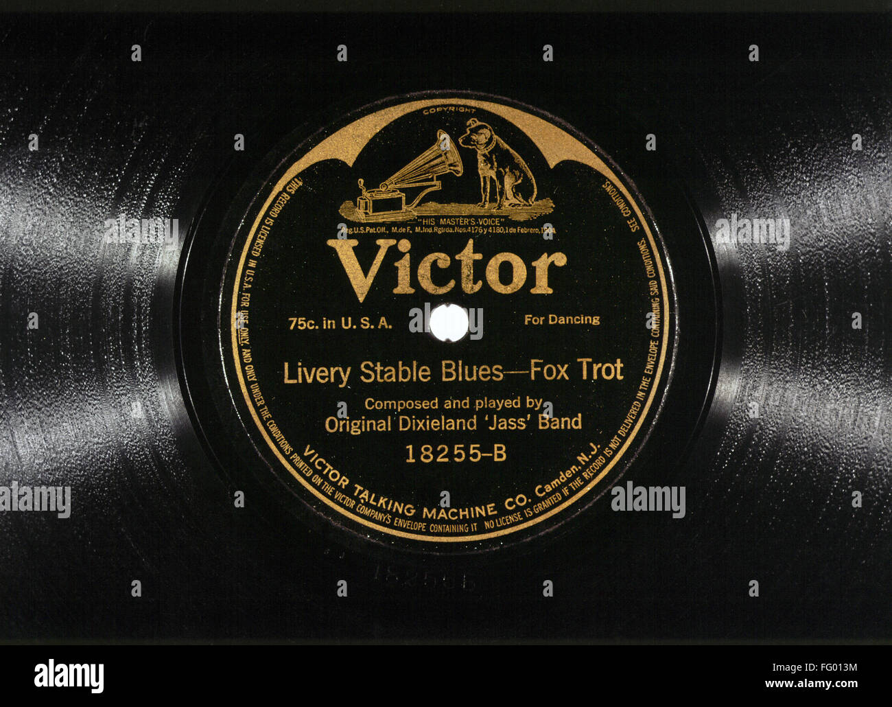 JAZZ RECORD, 1917. /nRecord of 'Livery Stable Blues' recorded by the Original Dixieland 'Jass' Band in 1917. Stock Photo