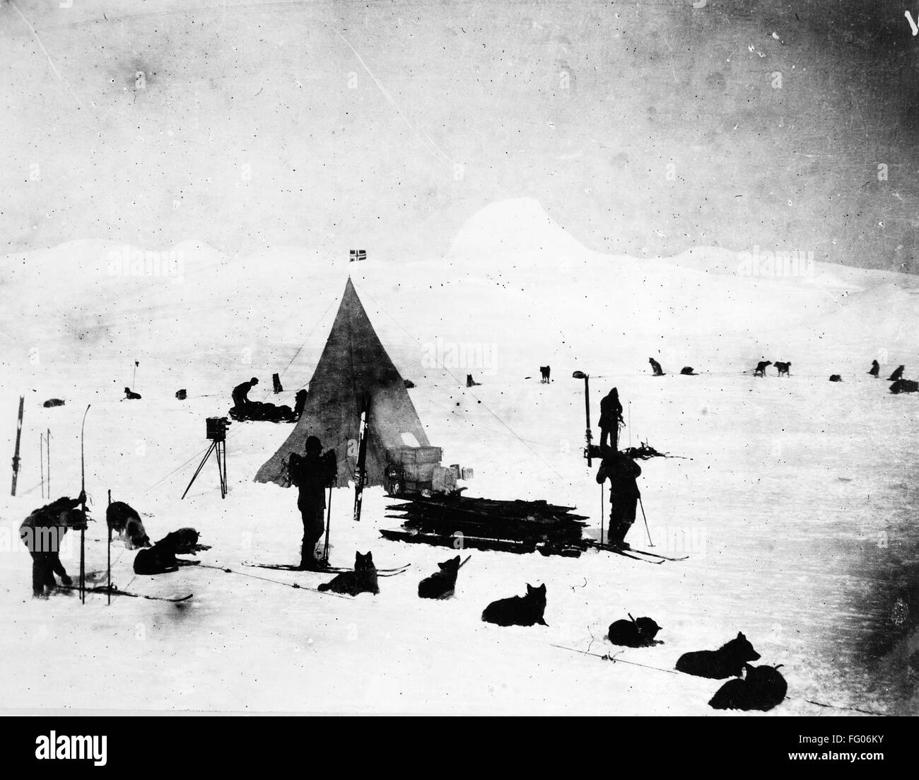 ROALD AMUNDSEN (1872-1928). /nNorwegian polar explorer. Camp of Amundsen and crew photographed during an Antarctic expedition, 23 May 1912. Stock Photo