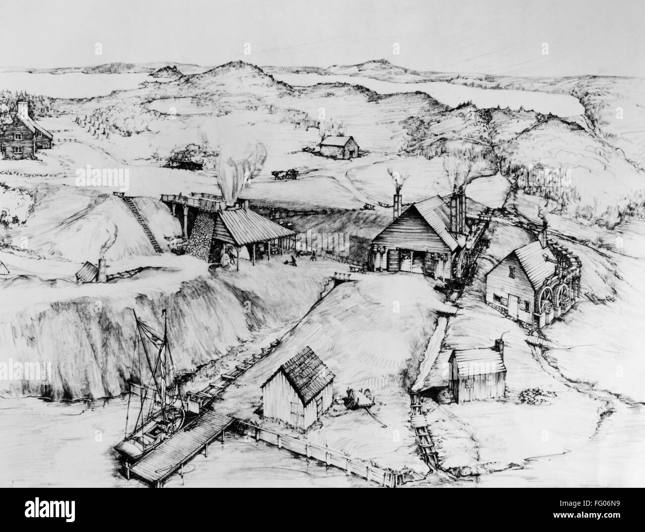 COLONIAL IRON WORKS. /nA 20th-century artist's reconstruction of the Saugus Iron Works in Saugus, Massachusetts, in operation from 1664 to 1668, the first integrated iron works in North America. Stock Photo