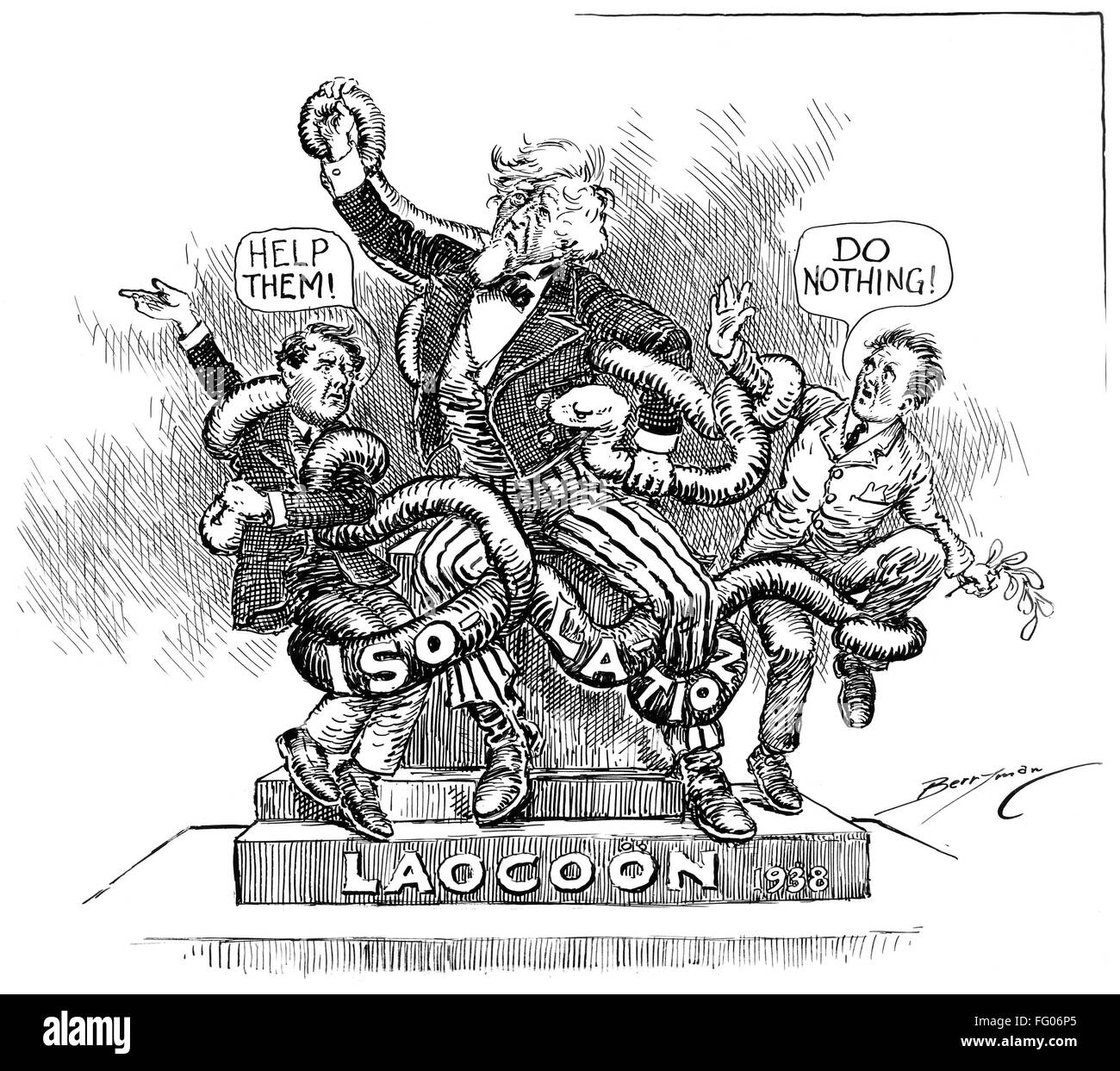 WORLD WAR II: CARTOON, 1938. /n'Laocoon, 1938.' Cartoon by Clifford Berryman depicting the political struggle regarding America's involvement in World War II, with Herbert Hoover on the left urging the U.S. to intervene and help, and with Franklin D. Roos Stock Photo