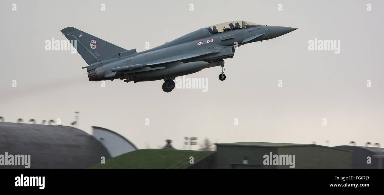FILE PIC: RAF Coningsby, Lincolnshire, UK. 15th February, 2016. Typhoon Fighters leaving RAF Coningsby in Lincolnshire. Credit:  Paul Williams/Alamy Live News Stock Photo