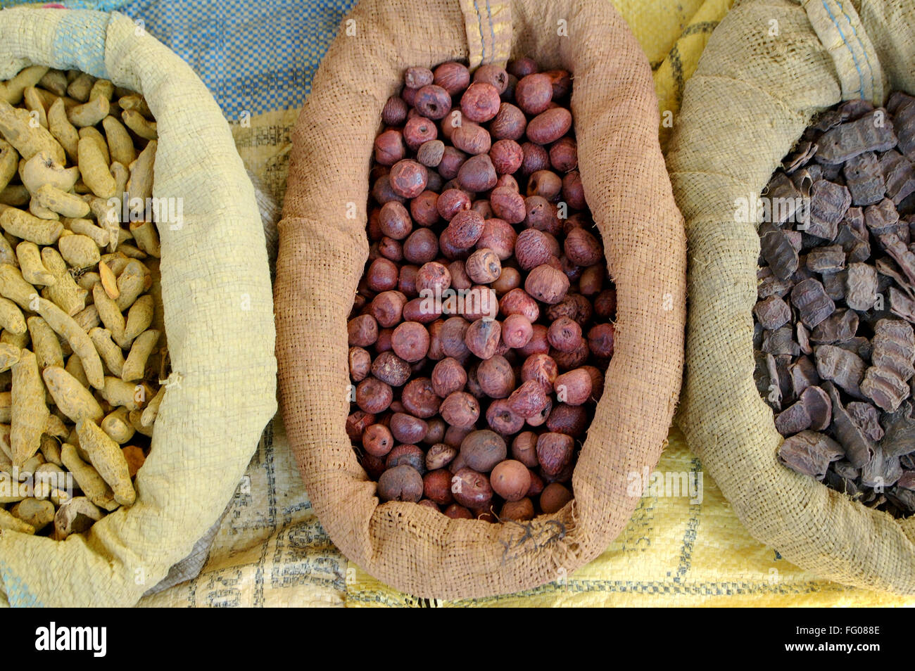 Indian spices kept in jute bag for sale in a market in India Stock Photo