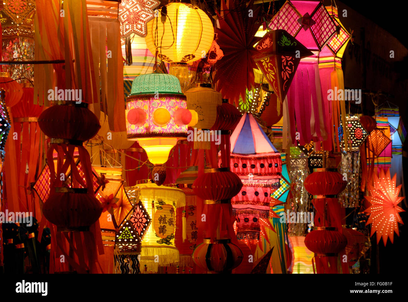 Colourful lanterns for sale during diwali deepawali at Dadar ; Bombay Mumbai ; Maharashtra