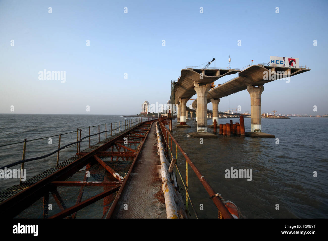Construction site of the Bandra Worli Sea link on Arabian Sea in Western suburb of Bombay now Mumbai , Maharashtra , India Stock Photo