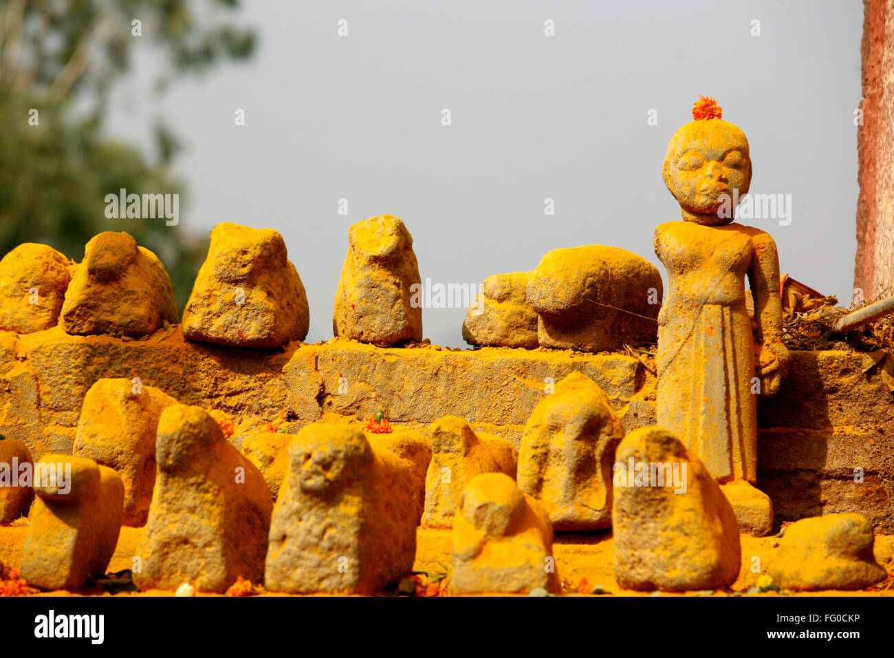 Statues immersed in turmeric powder at the  Jejuri temple , Pune , Maharashtra , India Stock Photo