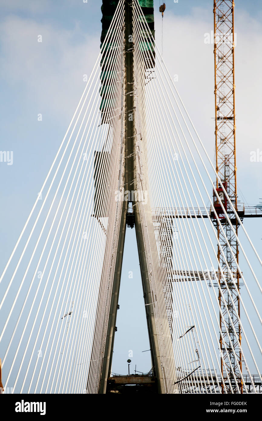 Twin carriageway cable stayed bridge view of under construction of Bandra Worli Sea Link , Bombay Mumbai , Maharashtra , India Stock Photo