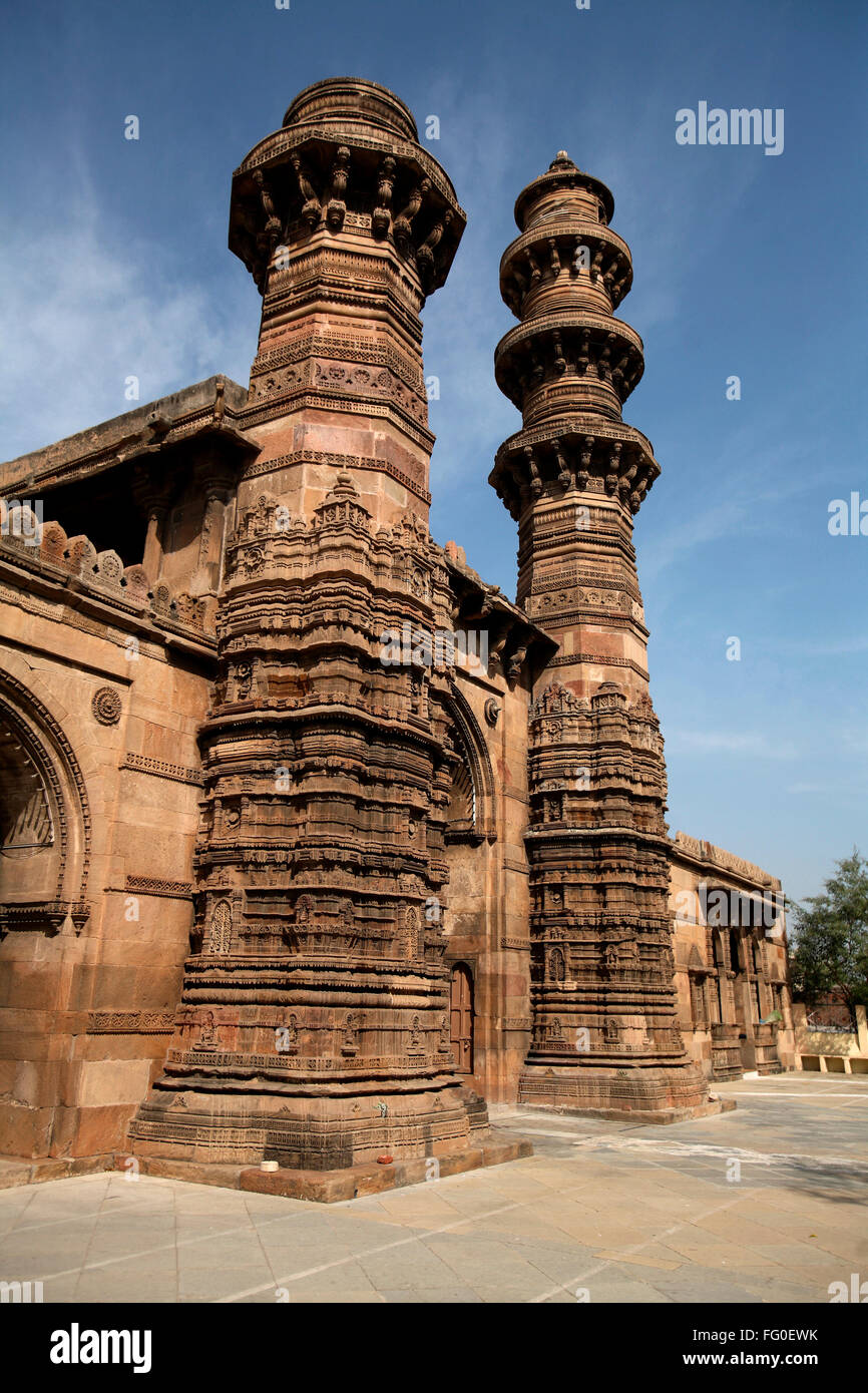 Five hundred seventy one year old shaking minarets of Bibiji mosque in Ahmedabad ; Gujarat ; India heritage Stock Photo