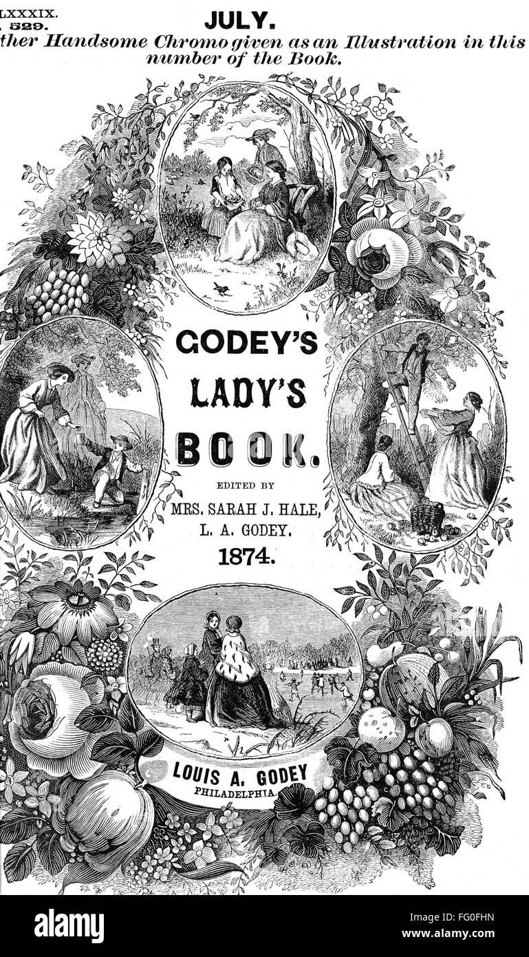GODEY'S LADY'S BOOK, 1874. /nThe cover of the July 1874 issue of 'Godey's Lady's Book,' edited by Mrs. Sarah J. Hale and L.A. Godey. Stock Photo