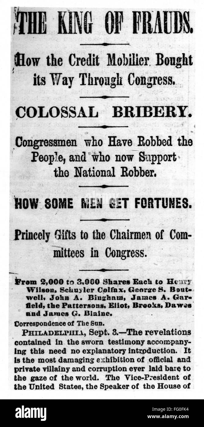 CREDIT MOBILIER SCANDAL./n'The King of Frauds,' article about the CrΘdit Mobilier scandal, from The New York Sun, 1872. Stock Photo