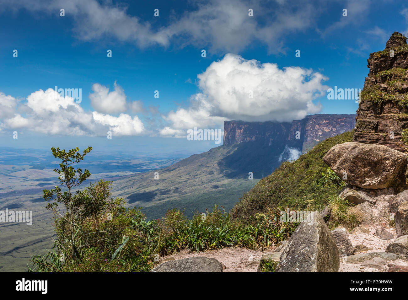 View from the Roraima tepui on Kukenan tepui at the mist - Venezuela, South America Stock Photo