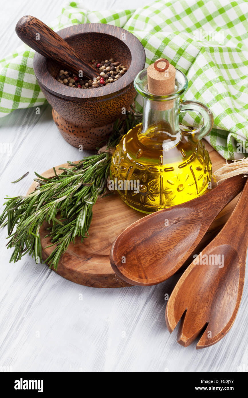 Herbs and spices on wooden table Stock Photo