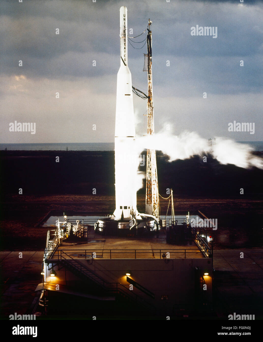 PIONEER V: LAUNCH, 1960. /nLaunch of the Pioneer V space probe aboard a Thor rocket from Cape Canaveral, Florida. Photograph, 1960. Stock Photo