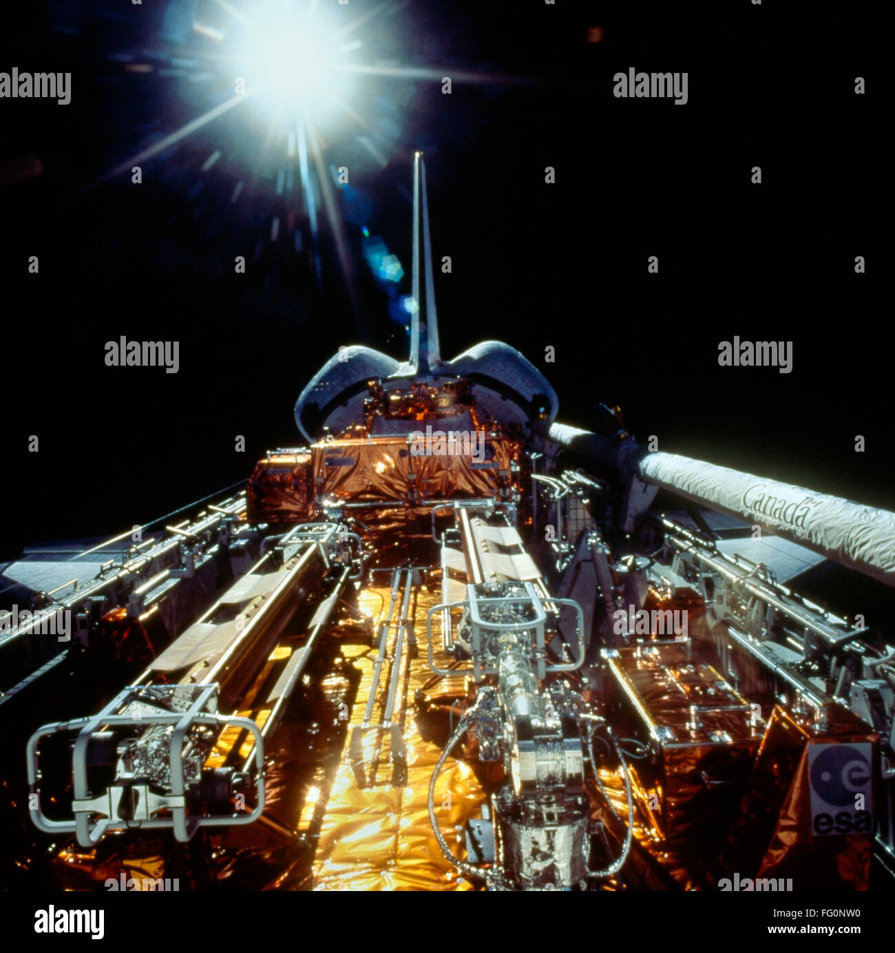 SPACE SHUTTLE, 1993. /nA sunburst over the cargo bay of the Space Shuttle Endeavour. Photograph, 1993. Stock Photo