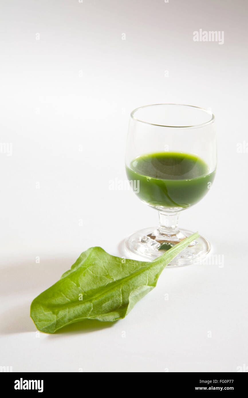 Green vegetable spinach juice against white background , palak ka rus , India Stock Photo