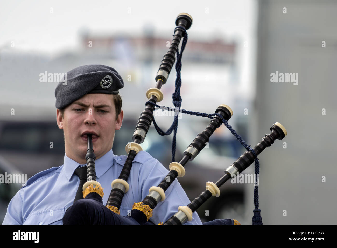 Bagpipes player in the Air Training Corp Band at Shoreham Airshow Stock Photo