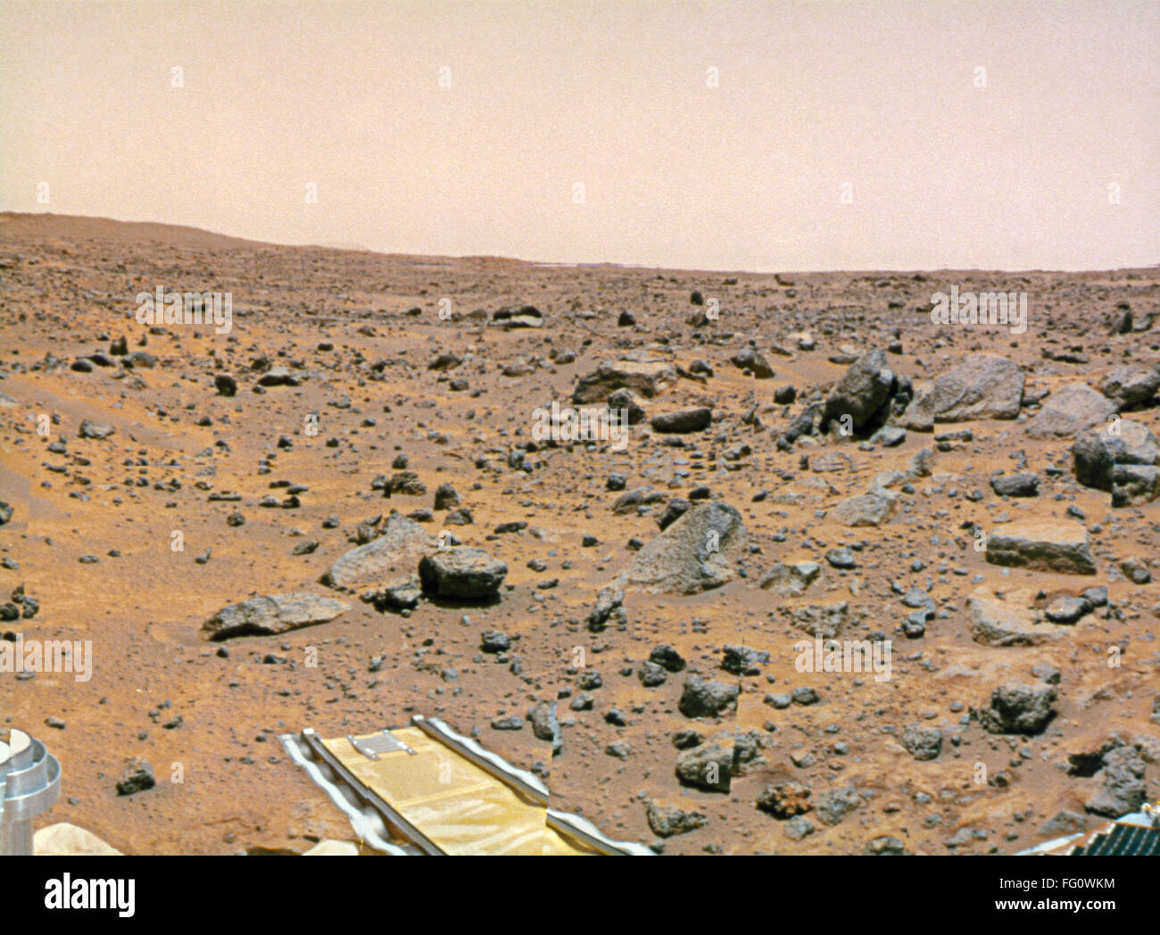SPACE: PATHFINDER, 1997. /nThe Martian landscape and the Mars Pathfinder lander ramp. Photographed by the Imager for the Mars Pathfinder, 1997. Stock Photo