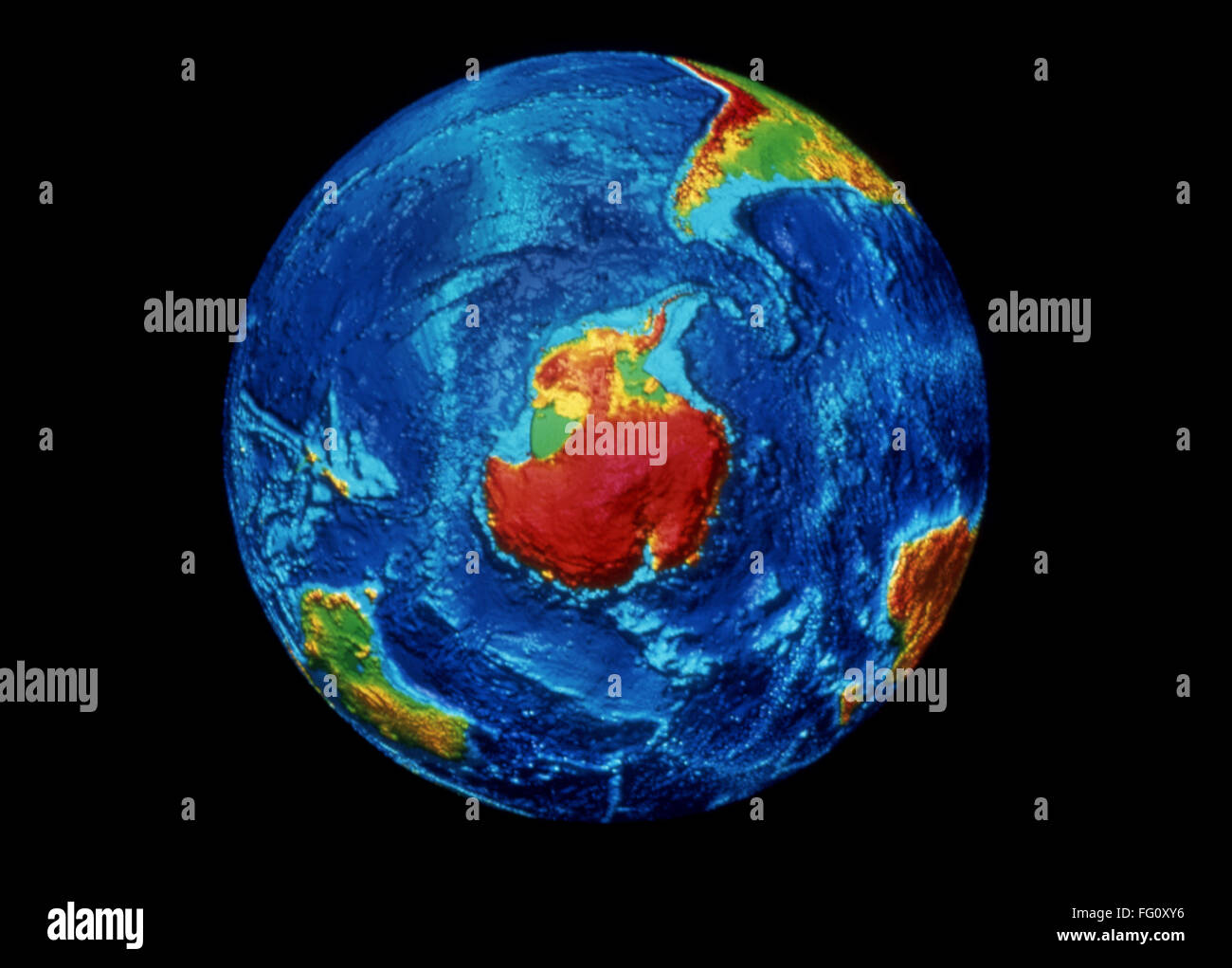 EARTH: TOPOGRAPHY. /nDigital image of the topography of the Earth, showing  land and sea-floor elevations. This view is centered the South Pole. Image  created by the National Geophysical Data Center, c1991 Stock