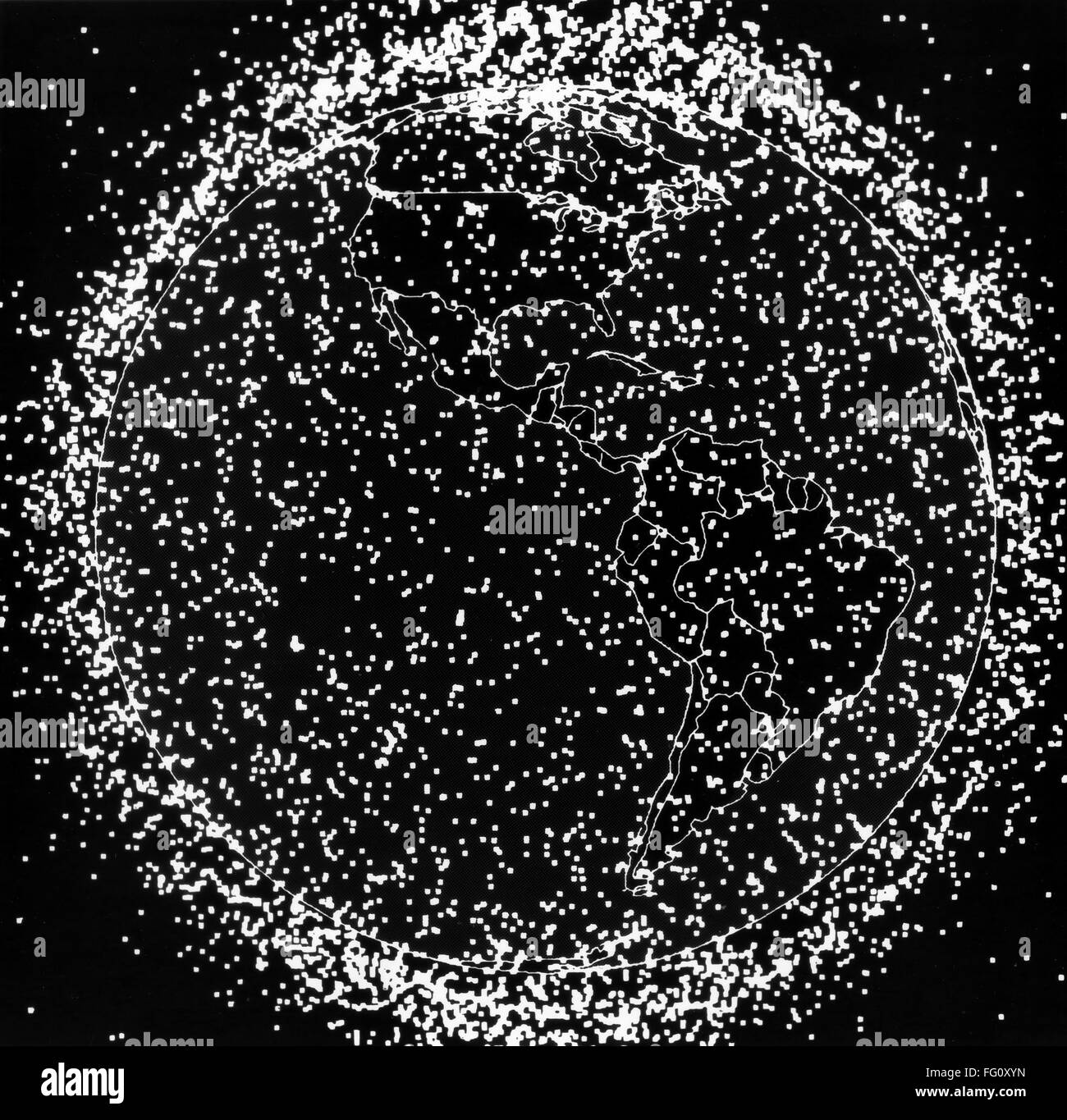 SPACE: ORBIT DEBRIS, 1987. /nComputer graphic showing the locations of thousands of satellites, spent rocket stages and breakup debris in low Earth-orbit. Produced from data collected in 1987. Stock Photo