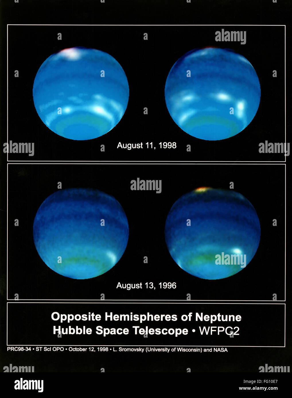 NEPTUNE: HEMISPHERES. /nTwo pairs of photographs showing the opposite hemispheres of Neptune, taken by NASA's Hubble Space Telescope, 11 August 1998 (top) and 13 August 1996. Stock Photo