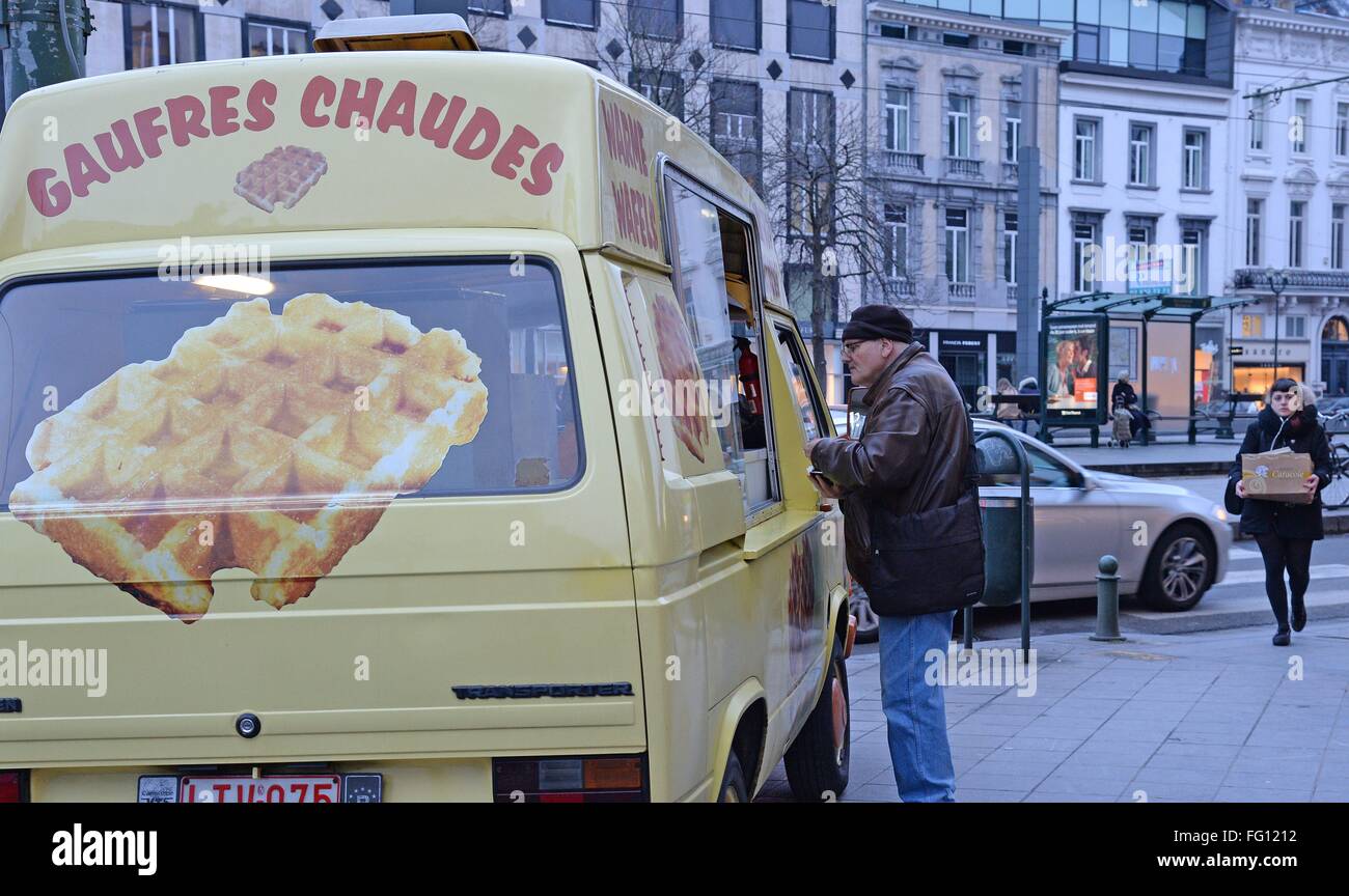 Warm waffles baker in Brussels, Jan. 9, 2016. Stock Photo
