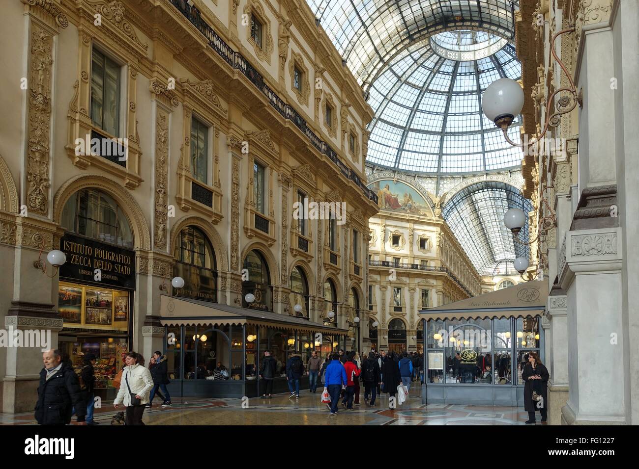 Italy: Galleria Vittorio Emanuele II, seen from South entrance. Photo from 31. January 2016. Stock Photo
