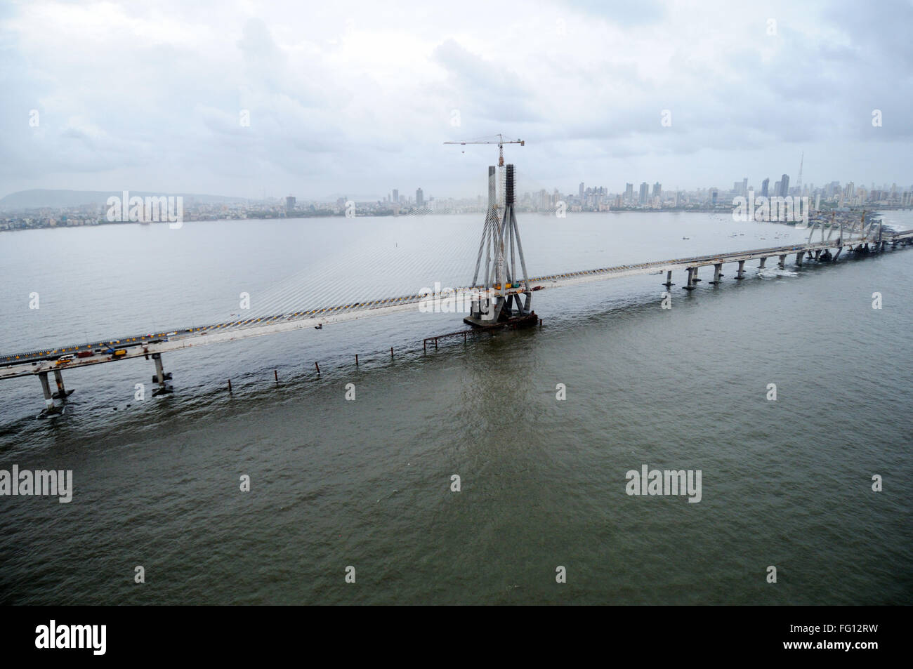 aerial view of bandra worli rajiv gandhi sea link ; Bombay Mumbai ; Maharashtra ; India Stock Photo